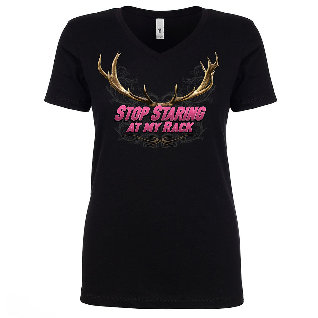 Women's Rebel Hunters Stop Staring At My Rack V-Neck Shirt