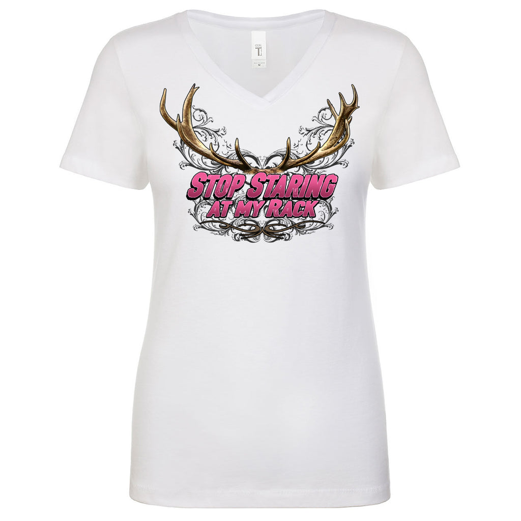 Women's Rebel Hunters Stop Staring At My Rack V-Neck Shirt