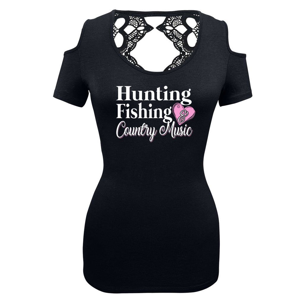 Rebel Hunters Hunting Fishing & Country Music Cut Shoulder Lace Back Shirt