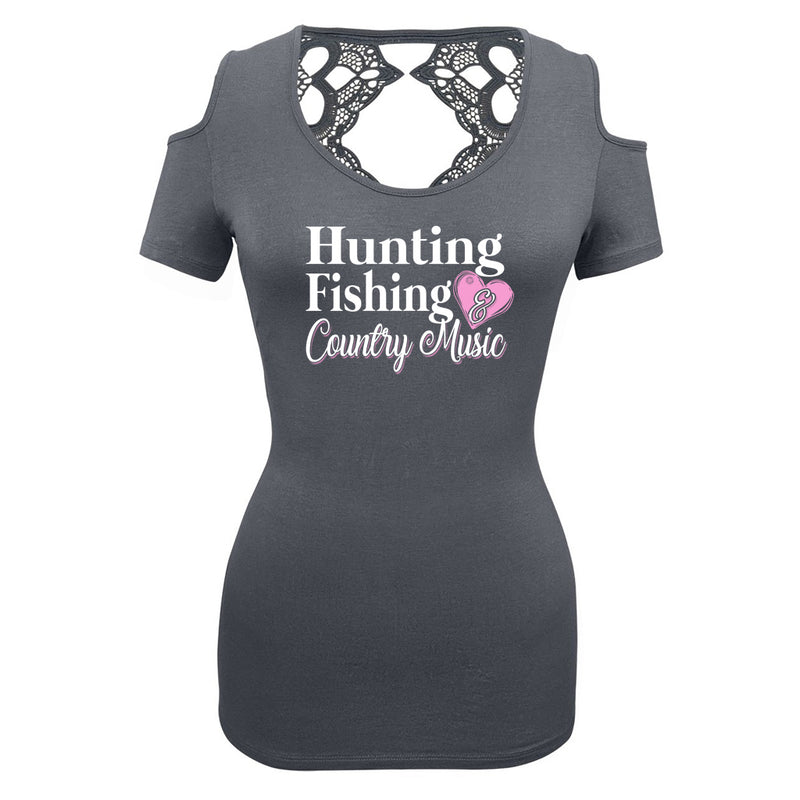 Rebel Hunters Hunting Fishing & Country Music Cut Shoulder Lace Back Shirt